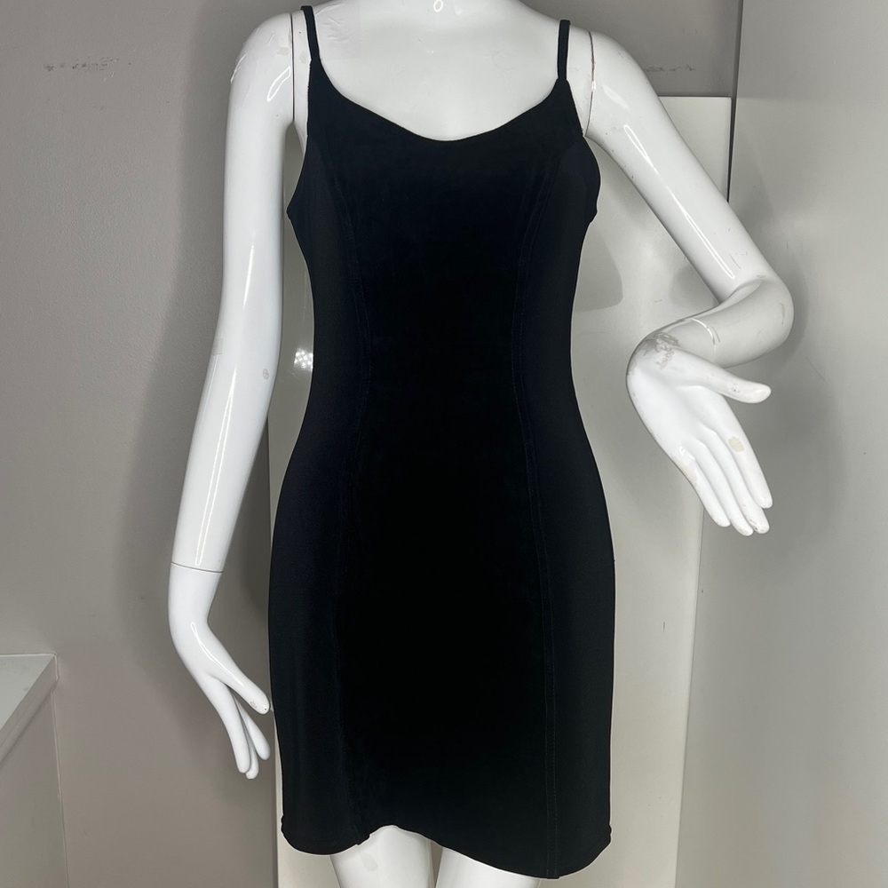 Firenze Santa Barbara Sz M Black Suede & Elastic Back Zip Spaghetti Strap Dress